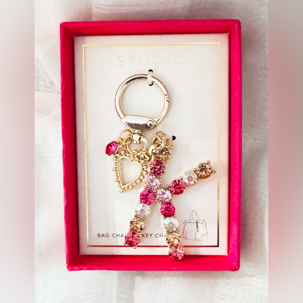 Pink & Gold Crystal “K”  Heart Keychain Bag Charm by Studio